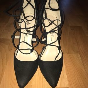 Black strap up ankle heels